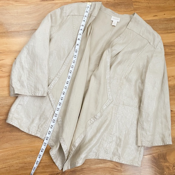 CHICO’S 100% LINEN Metallic Gold Drape Open Cardigan Jacket Blazer Formal Casual - Picture 6 of 11